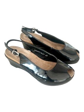 Mephisto Natasia Black Patent Leather Peep-Toe Slingback Wedges EU size 36